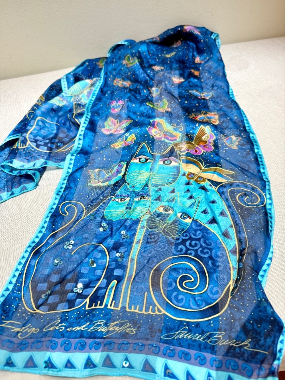 Laurel Burch Indigo Cats and Butterflies Silk Scarf